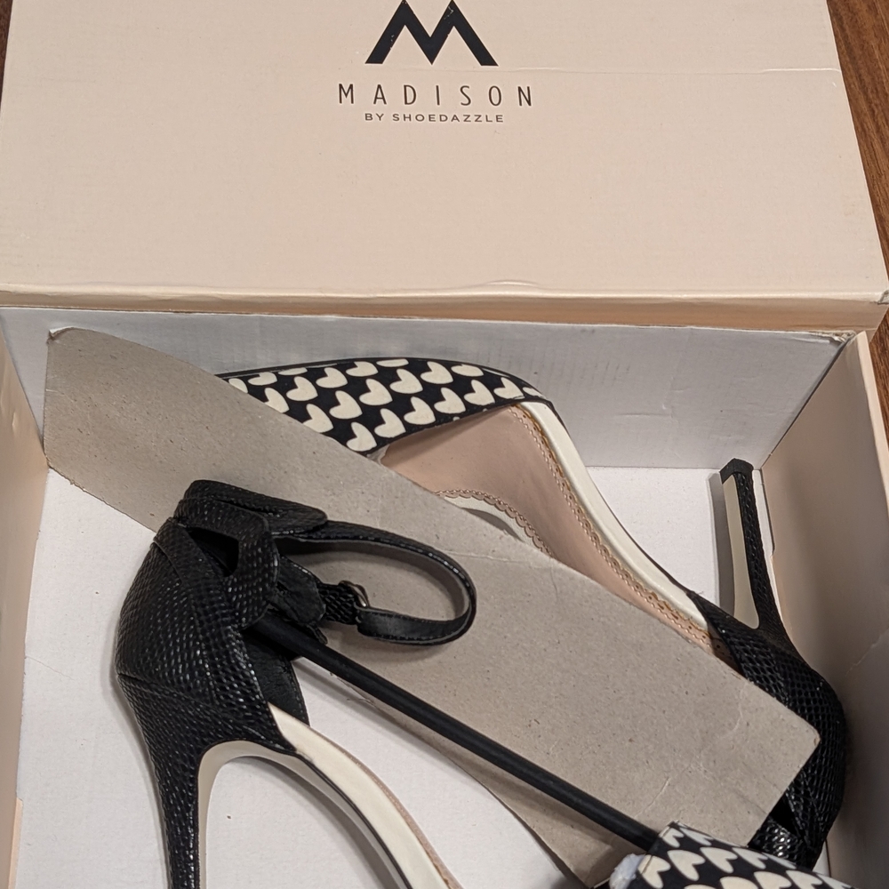 Madison Black & White Heart-Print Pointed-Toe Ankle-Strap Heels - Picture 3 of 5